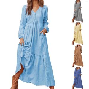 Robes décontractées Femmes Vintage Lâche Coton Lin Élégant Solide Col V Chemise À Manches Longues Robe Flowy Maxi Robe Femme