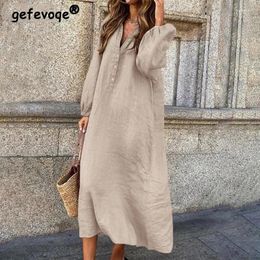 Vestidos casuales mujeres vintage de gran tamaño streetwear camisa de lino de algodón para 2024 primavera otoño moda cuello en v manga larga maxi vestido