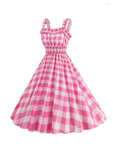 Robes décontractées Femmes Vintage Rose Plaid Années 1950 Rockabilly Robe Rétro Spaghetti Strap Vichy Audrey Cocktail Swing