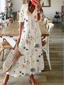 Casual Jurken Vrouwen Vintage Print Boheemse Jurk 2024 Zomer Mode V-hals Halve Mouwen Lange Vrouwelijke Vakantie Strand