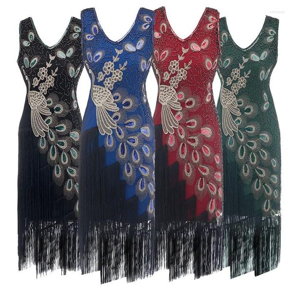 Vestidos casuales Mujeres Vintage Sequin Cosplay Dress Tassel Pavo Pean Cierre Atmósfera de alta gama Banquete Rata de banquete Gatsby