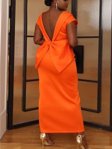 Casual jurken vrouwen bruiloft gasten oranje jurk sexy backless big boog long split schede elegante Afrikaanse jurken vieren gewaden date out 2024