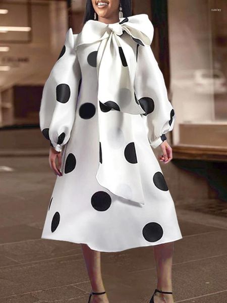 Robes décontractées Femmes Robe blanche Polka Dot Imprimer Big Bow avec ceinture Lanterne Manches Printemps Élégant Mode Fête d'anniversaire Soirée Robe mignonne