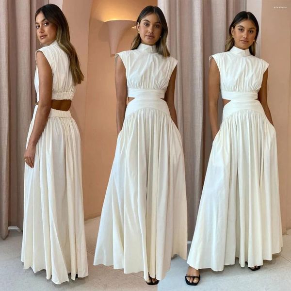 Vestidos casuales mujeres blancos elegantes vestidos largos 2023 en moda plisada collar con mangas femenina sin mangas