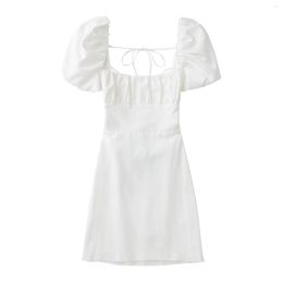 Robes décontractées femmes blanc mode mélange de lin robe femme col carré manches courtes bouffantes dos nu bretelles croisées pour les femmes