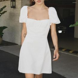 Robes décontractées femmes blanc mode lin mélange robe femme col carré manches courtes bouffantes dos nu bretelles croisées pour