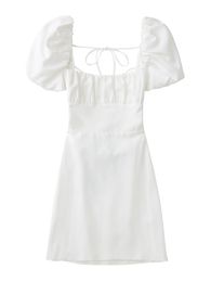 Robes décontractées femmes blanc mode lin mélange robe femme col carré manches courtes bouffantes dos nu bretelles croisées robe pour femmes 221119