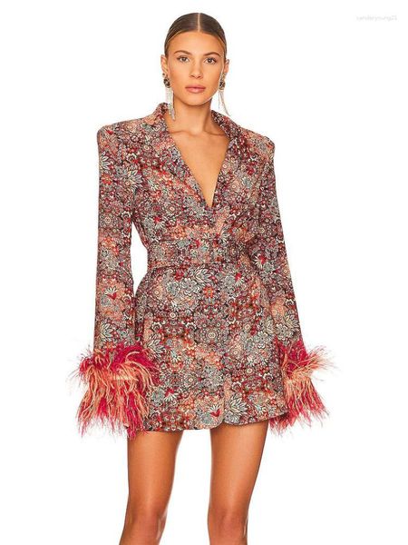 Robes décontractées femmes hiver Sexy à manches longues col en V Floral Blazer robe plume d'autruche haute rue célébrité imprimé bureau dame