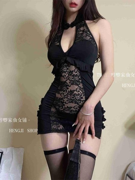 Robes décontractées femmes WOMENGAGA fée Cheongsam dentelle évider hanche mince maille Sexy coréen exotique Mini robe doux rétro hauts U8FE