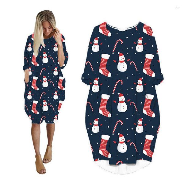 Vestidos casuales Mujer Estampado de Navidad Manga larga Moda Mujer Ropa Ropa de calle de talla grande Ropa de mujer de Navidad Vestido femenino