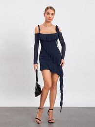 Lässige Kleider Damen Y2K Langarm Minikleid Sexy Spitze Mesh Patchwork Rüschen Frühling Herbst Figurbetont Kurz