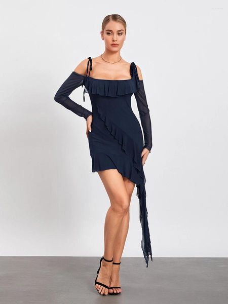 Robes décontractées Femmes Y2K Sling Mini Robe à manches longues Spaghetti Strap Sexy Low Cut Lace Up Moulante Sortie d'été