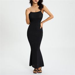 Robes Décontractées Femmes Y2K Spaghetti Strap Robe Longue Solide Doux Lounge Rib Slim Moulante Sans Manches Dos Nu Sexy Slip Basic Cami Pumiey