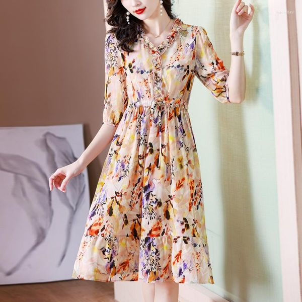 Vestidos informales para mujer, vestido Midi de seda con estampado amarillo y cuello con volantes, moda Primavera Verano, suelto, 2023, Vintage coreano, elegante, para fiesta