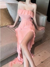 Robes décontractées WOMENGAGA Soirée Longue Robe Femmes Élégantes Discothèque Volants Sexy Une Épaule Rose Doux Coréen Tops UQ9O