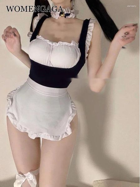 Robes décontractées WOMENGAGA Exotique Maid Uniforme Doux Sexy Mini Robe De Réservoir Slash Cou Mignon Mode Tops Femmes Coréennes 2024 Dos Nu Cosplay TQY