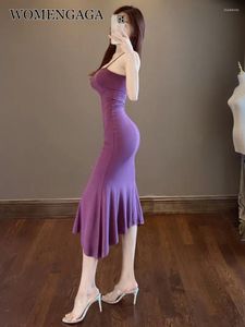 Vestidos casuales Womengaga Grape Purple Sling Temperamento de vestido de cola de pescado Slim Wrapped Sexy Maxi Long Long Korean Women Robe 45kk