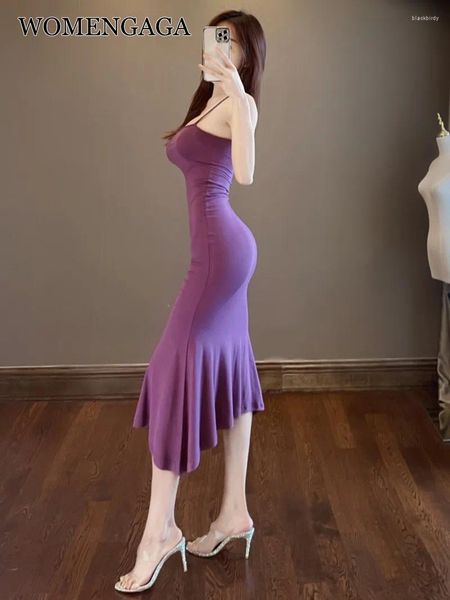 Robes décontractées pour femmes, raisin violet Sling Fishtail Robe Tempérament mince emballé Hip Sexy Maxi Long Femme coréenne Robe 45kk