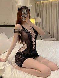 Robes décontractées WOMENGAGA Transparent Dentelle Mini Robe Sexy Creux Out Cou Sangle Wrap Hanche Serpent Peau Maille Uniforme Élégant Sheer I8CY