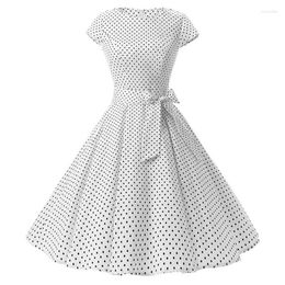 Vestidos casuales Mujeres 1950s Vintage Rockabilly Prom Dress Cap-Sleeve Small Polka Dot Printed Belted Bowknot Empire Waist Midi Swing U4LF