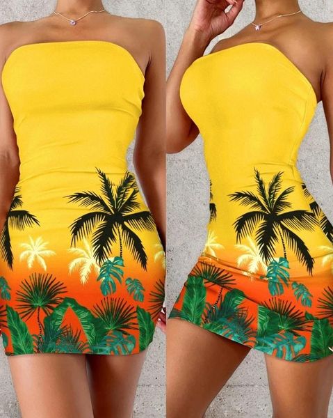 Robes décontractées Femmes 2024 Mode d'été Print tropical Print Bandeau sans manches Bodycon Mini Daily Vacation Robe