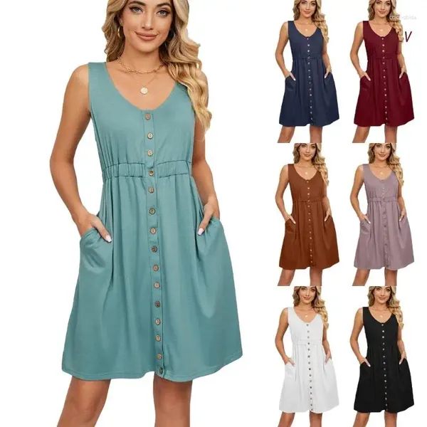 Vestidos informales Vestido midi de una línea para mujer Cuello redondo Sin mangas Color sólido Botón hacia abajo Dobladillo acampanado con bolsillos 6XDA