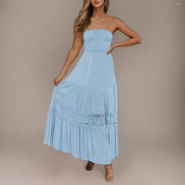 Robes décontractées Femmes Bohème Bustier Sans Bretelles Encolure En Dentelle Robe Dos Nu Flowy Une Ligne Plage Longue Maxi Haut Bas Pour Les Femmes