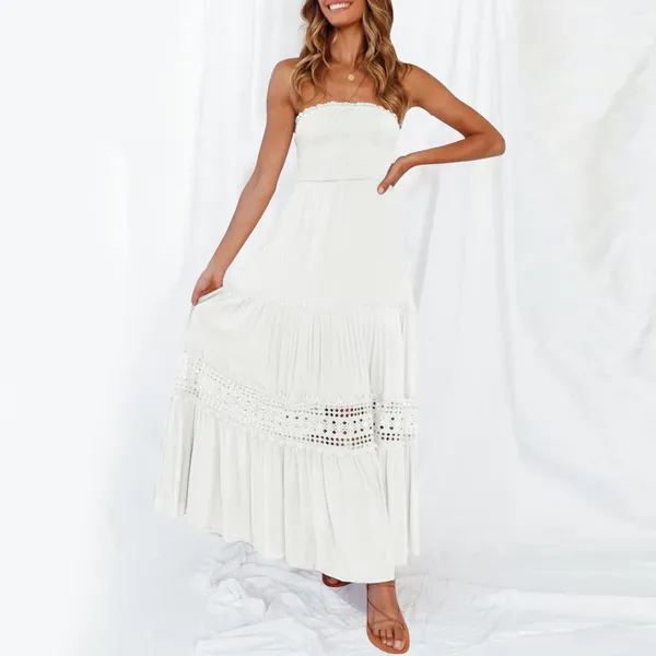 Robes décontractées Femmes Bohemian sans bretelles Robe maxi de la dentelle épaule TRAPE Backless plage longue longue élégante robes d'été longues