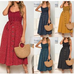 Robes décontractées Femmes Boho Summer Beach Robe Midi Lady Holiday Strappy Bouton Sundress Vintage
