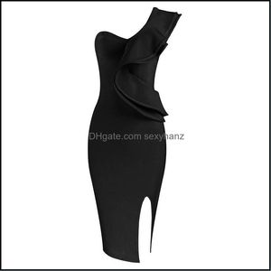 Robes décontractées Vêtements pour femmes Vêtements de haute qualité Celebrity Black One Shoder Open Fork Sexy Rayon Bandage Dress Soirée Drop Deliver