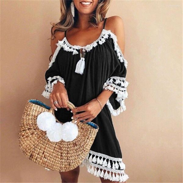 Vestidos casuales Mujer Algodón Borla Elegante Moda Hombro frío Baggy Mini vestido Damas Verano Vacaciones Playa Sundress para