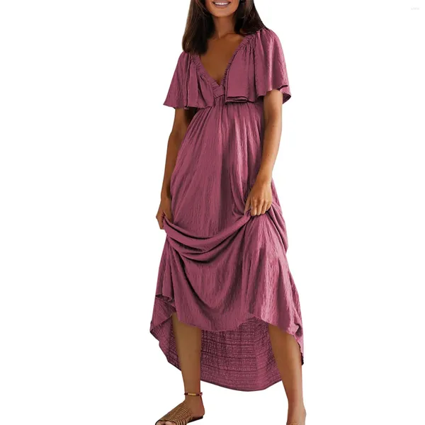 Robes décontractées Femmes Deep V couche à manches courtes ouvrir le dossier Flowy MAXI LONGES Vêtements pour femmes à la mode et simples