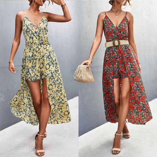 Vestidos casuales para mujer con cuello en V profundo sin mangas vestido largo maxi sexy correa de espagueti verano asimétrico boho floral elegante fiesta sundress