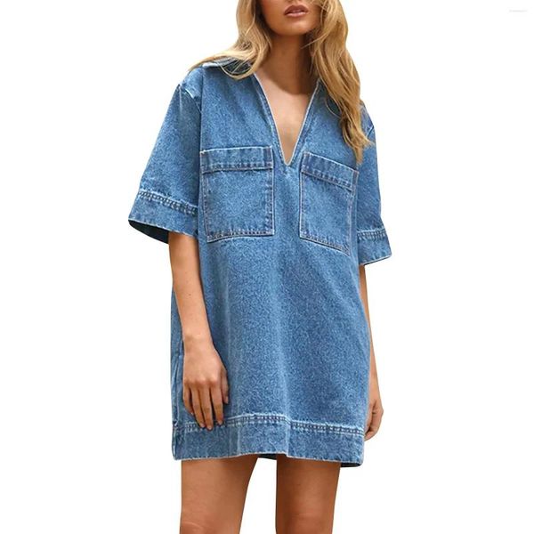 Vestidos casuales Vestido de mezclilla para mujer Verano Profundo Cuello en V Media manga Cuello suelto Jean con bolsillos Comentarios coreanos Muchas ropa