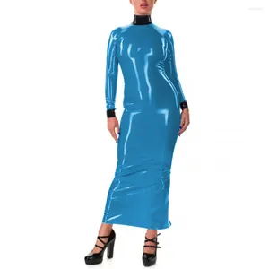 Casual jurken dames elegante bodycon volle mouw patchwork long potlood jurk wetlook pvc hoge nek slanke rug rits maxi hobble clubkleding