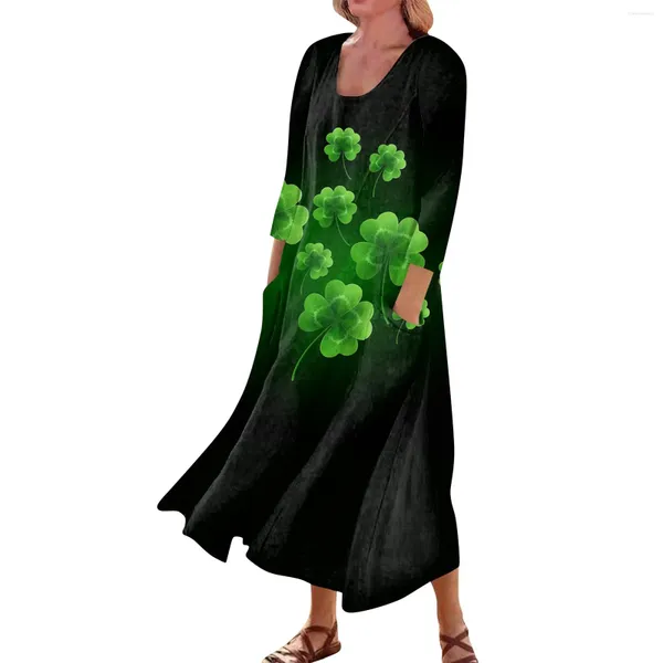 Robes décontractées Femmes élégantes St. Patrick's Day imprimé mi-mollet pour femme col rond manches 3/4 dames robes robes Largos