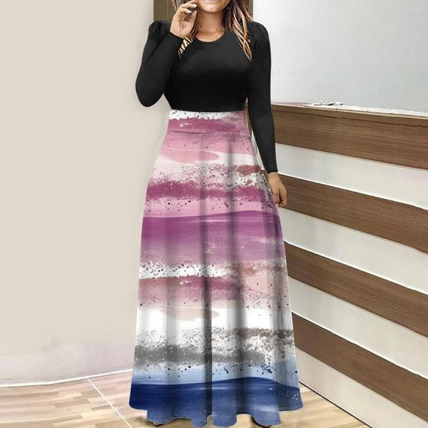 Vestidos casuales para mujer otoño impreso cuello redondo manga larga patchwork falda vestido moda boho elegancia más tamaño femenino