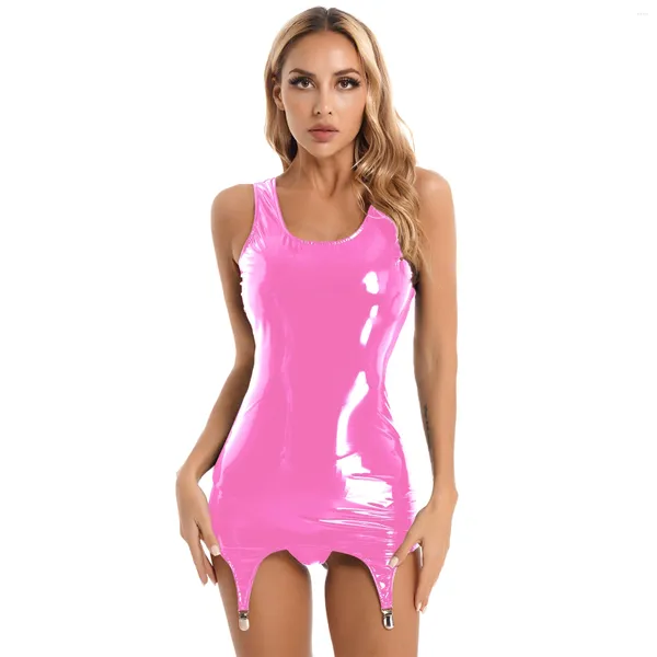 Robes décontractées Femmes Brillant Bodycon Robe Wet Look Réservoir en cuir verni avec clips en métal Latex Minidress Rave Party Nightwear Clubwear