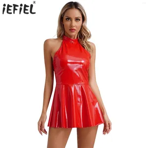 Casual Jurken Dames Glanzend Lakleer Latex Jurk Clubwear Halter Mouwloze Skater Mini Swing Rok Rave Party Pole Dance Kostuum