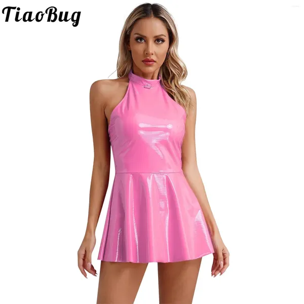 Vestidos casuales para mujer brillante charol bodycon vestido sexy club halter sin mangas skater mini rave fiesta rendimiento swing faldas