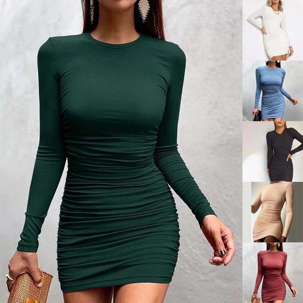 Vestidos casuales para mujer de manga larga de moda sólido elegante para mujer vestidos de verano vestido de verano con bolsillos