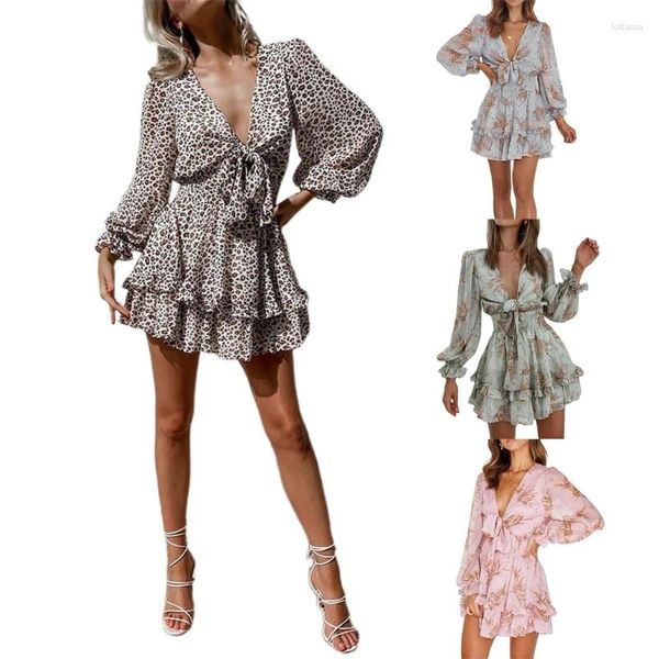 Robes décontractées Femmes Manches longues Floral Mini Lâche Col V Volants Taille élastique Robe Sexy Club Tenues Streetwear N7YF