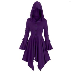 Vestidos casuales para mujer de manga larga con cordones capa gótica colores sólidos vintage medieval fiesta con capucha vestido de bruja disfraz de Halloween #