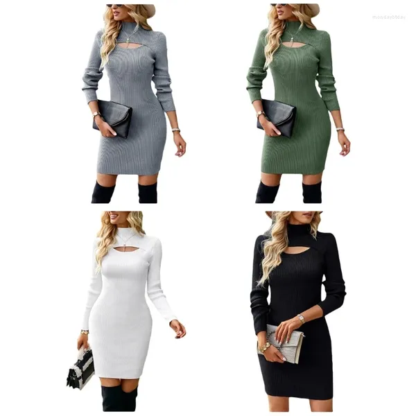 Vestidos casuales para mujer manga larga cuello simulado recorte costilla punto bodycon cóctel mini suéter vestido dropship