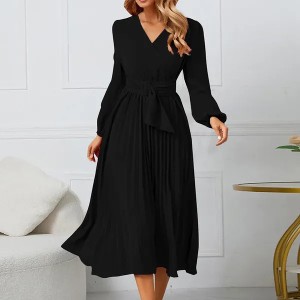 Robes décontractées Femmes à manches longues Slim Femme Party Night Ceinture plissée Col V Une ligne Robe à volants Hem Flowy Midi