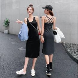 Robes décontractées femmes robe mi-longue pour l'été 2023 Sexy dos nu Slip noir/gris dames tenues Chic une ligne Style Vestidos