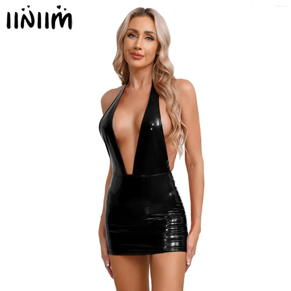 Robes décontractées Femmes Mini Longueur Jupe avec fermeture à glissière au dos Superbe robe Wet Look Cuir Verni Bodycon pour Disco Rave Party