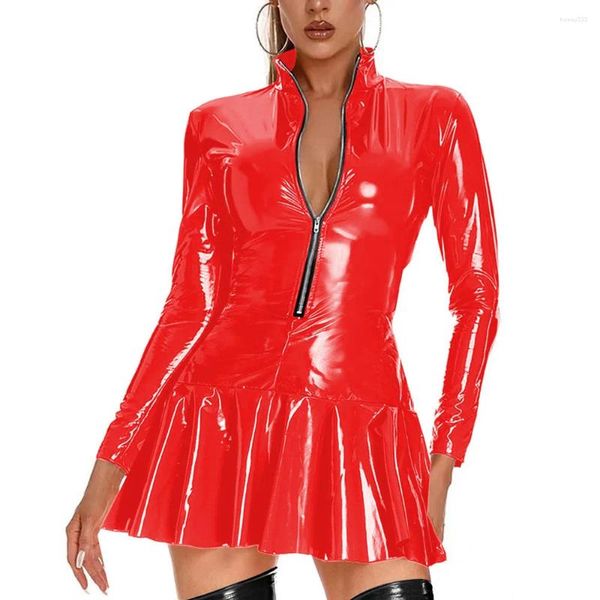 Robes décontractées Femmes Mini Jupes plissées Robe Brillant PVC Cuir Bodycon Zipper Stand Up Col A-Line Patineur évasé Sexy Sissy Clubwear