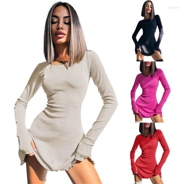 Vestidos casuales Cuello para mujer Volante Manga larga Vestido corto Atrás Tiras Una línea Mini