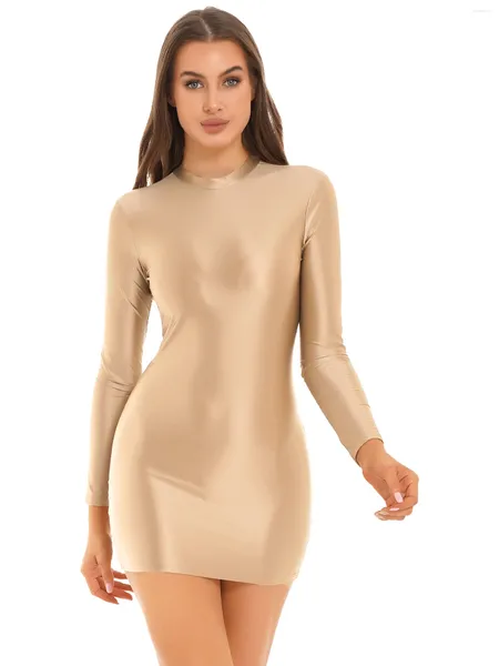 Vestidos casuales para mujer aceite brillante bodycon vestido suave elástico apretado fiesta femenina sexy manga larga mini lápiz ropa de dormir clubwear